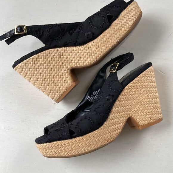 Mia Black Embroiled Floral Peep Toe Platform Raffia Espadrille Sandals Size 7M - Picture 8 of 15